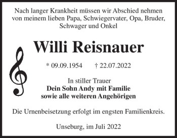 Traueranzeige von Willi Reisnauer  von Magdeburger Volksstimme