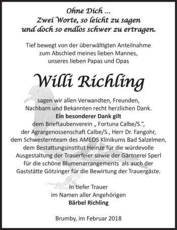 Traueranzeige von Willi Richling  von Magdeburger Volksstimme