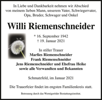 Traueranzeige von Willi Riemenschneider  von Magdeburger Volksstimme