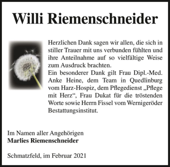 Traueranzeige von Willi Riemenschneider  von Magdeburger Volksstimme