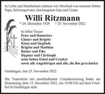 Traueranzeige von Willi Ritzmann  von Magdeburger Volksstimme