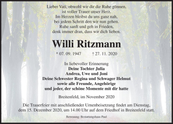 Traueranzeige von Willi Ritzmann  von Magdeburger Volksstimme