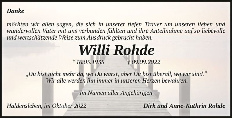  Traueranzeige für Willi Rohde  vom 15.10.2022 aus Magdeburger Volksstimme