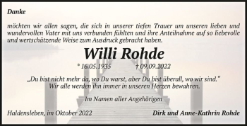 Traueranzeige von Willi Rohde  von Magdeburger Volksstimme