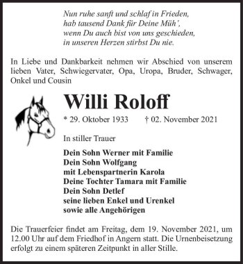 Traueranzeige von Willi Roloff  von Magdeburger Volksstimme