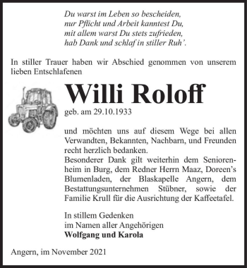 Traueranzeige von Willi Roloff  von Magdeburger Volksstimme