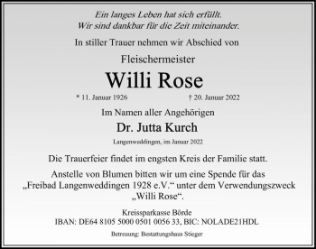 Traueranzeige von Willi Rose  von Magdeburger Volksstimme
