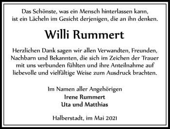 Traueranzeige von Willi Rummert  von Magdeburger Volksstimme