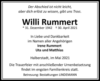 Traueranzeige von Willi Rummert  von Magdeburger Volksstimme