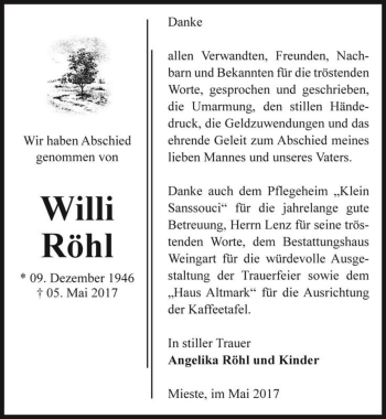 Traueranzeige von Willi Röhl  von Magdeburger Volksstimme