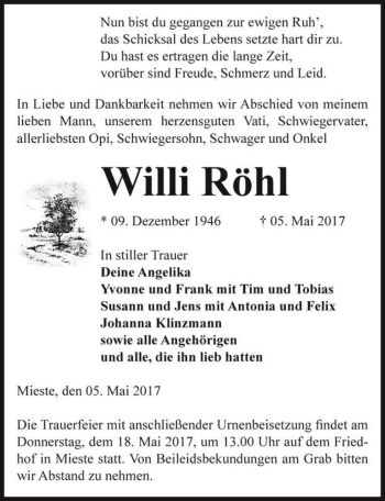 Traueranzeige von Willi Röhl  von Magdeburger Volksstimme