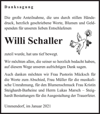 Traueranzeige von Willi Schaller  von Magdeburger Volksstimme