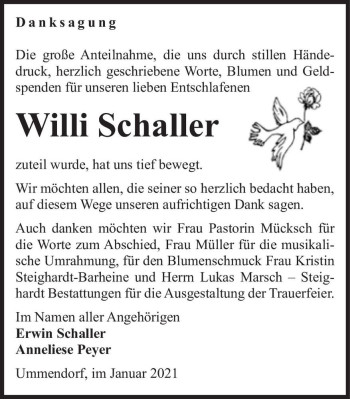 Traueranzeige von Willi Schaller  von Magdeburger Volksstimme
