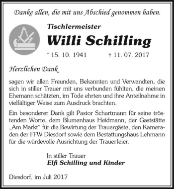 Traueranzeige von Willi Schilling  von Magdeburger Volksstimme