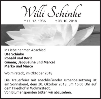 Traueranzeige von Willi Schinke  von Magdeburger Volksstimme