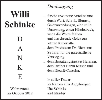Traueranzeige von Willi Schinke  von Magdeburger Volksstimme