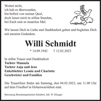 Traueranzeige von Willi Schmidt  von Magdeburger Volksstimme
