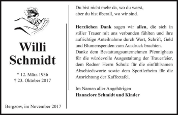 Traueranzeige von Willi Schmidt  von Magdeburger Volksstimme