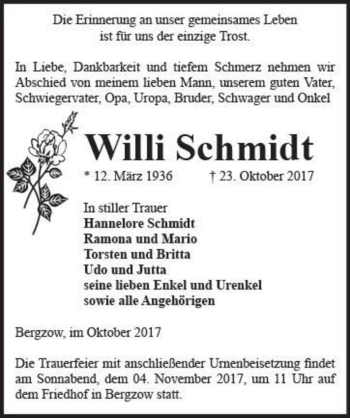 Traueranzeige von Willi Schmidt  von Magdeburger Volksstimme