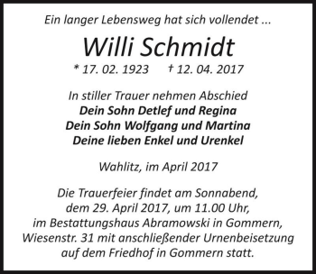 Traueranzeige von Willi Schmidt  von Magdeburger Volksstimme