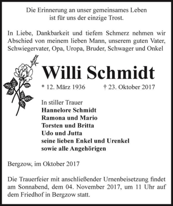 Traueranzeige von Willi Schmidt  von Magdeburger Volksstimme