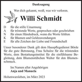 Traueranzeige von Willi Schmidt  von Magdeburger Volksstimme
