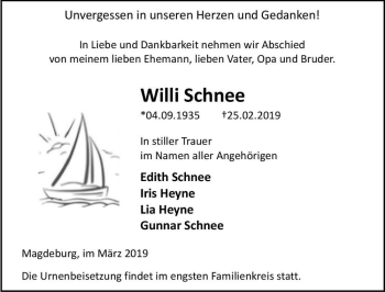 Traueranzeige von Willi Schnee  von Magdeburger Volksstimme