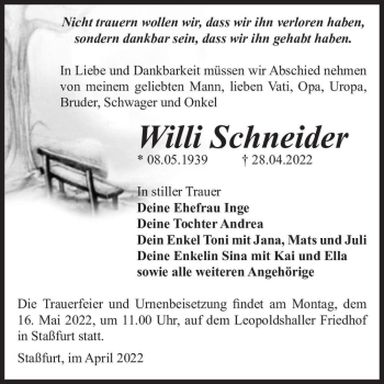 Traueranzeige von Willi Schneider  von Magdeburger Volksstimme