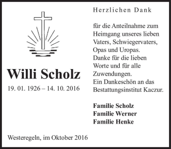 Traueranzeige von Willi Scholz  von Magdeburger Volksstimme