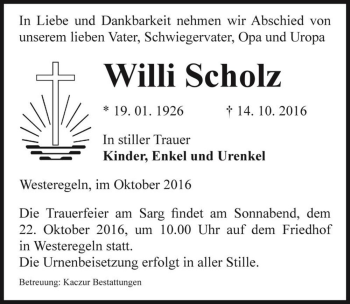 Traueranzeige von Willi Scholz  von Magdeburger Volksstimme