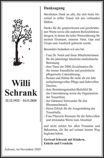 Traueranzeige von Willi Schrank  von Magdeburger Volksstimme