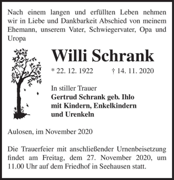 Traueranzeige von Willi Schrank  von Magdeburger Volksstimme