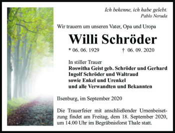 Traueranzeige von Willi Schröder  von Magdeburger Volksstimme