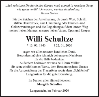 Traueranzeige von Willi Schultze  von Magdeburger Volksstimme