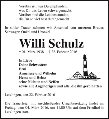 Traueranzeige von Willi Schulz  von Magdeburger Volksstimme