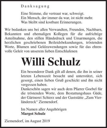 Traueranzeige von Willi Schulz  von Magdeburger Volksstimme