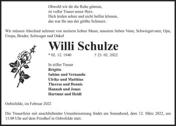 Traueranzeige von Willi Schulze  von Magdeburger Volksstimme