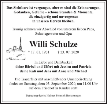 Traueranzeige von Willi Schulze  von Magdeburger Volksstimme