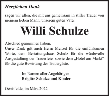 Traueranzeige von Willi Schulze  von Magdeburger Volksstimme