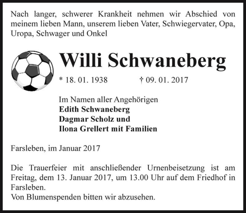  Traueranzeige für Willi Schwaneberg  vom 11.01.2017 aus Magdeburger Volksstimme