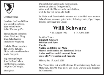 Traueranzeige von Willi Schwarz  von Magdeburger Volksstimme