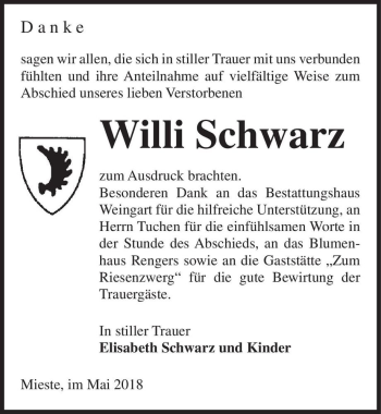 Traueranzeige von Willi Schwarz  von Magdeburger Volksstimme