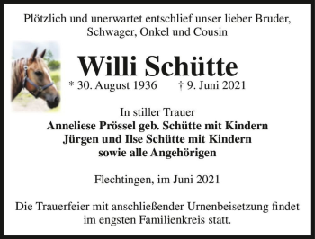 Traueranzeige von Willi Schütte  von Magdeburger Volksstimme