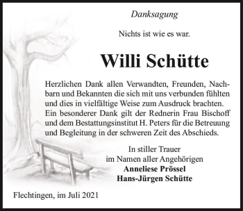 Traueranzeige von Willi Schütte  von Magdeburger Volksstimme