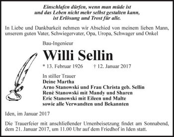 Traueranzeige von Willi Sellin  von Magdeburger Volksstimme