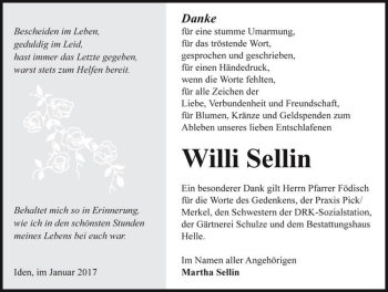 Traueranzeige von Willi Sellin  von Magdeburger Volksstimme