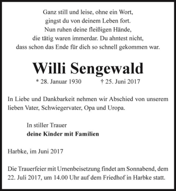 Traueranzeige von Willi Sengewald  von Magdeburger Volksstimme