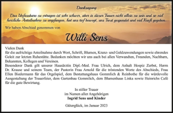Traueranzeige von Willi Sens  von Magdeburger Volksstimme