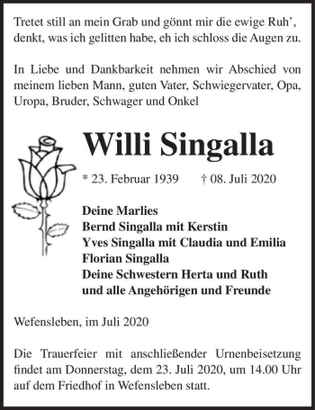 Traueranzeige von Willi Singalla  von Magdeburger Volksstimme
