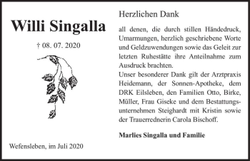 Traueranzeige von Willi Singalla  von Magdeburger Volksstimme
